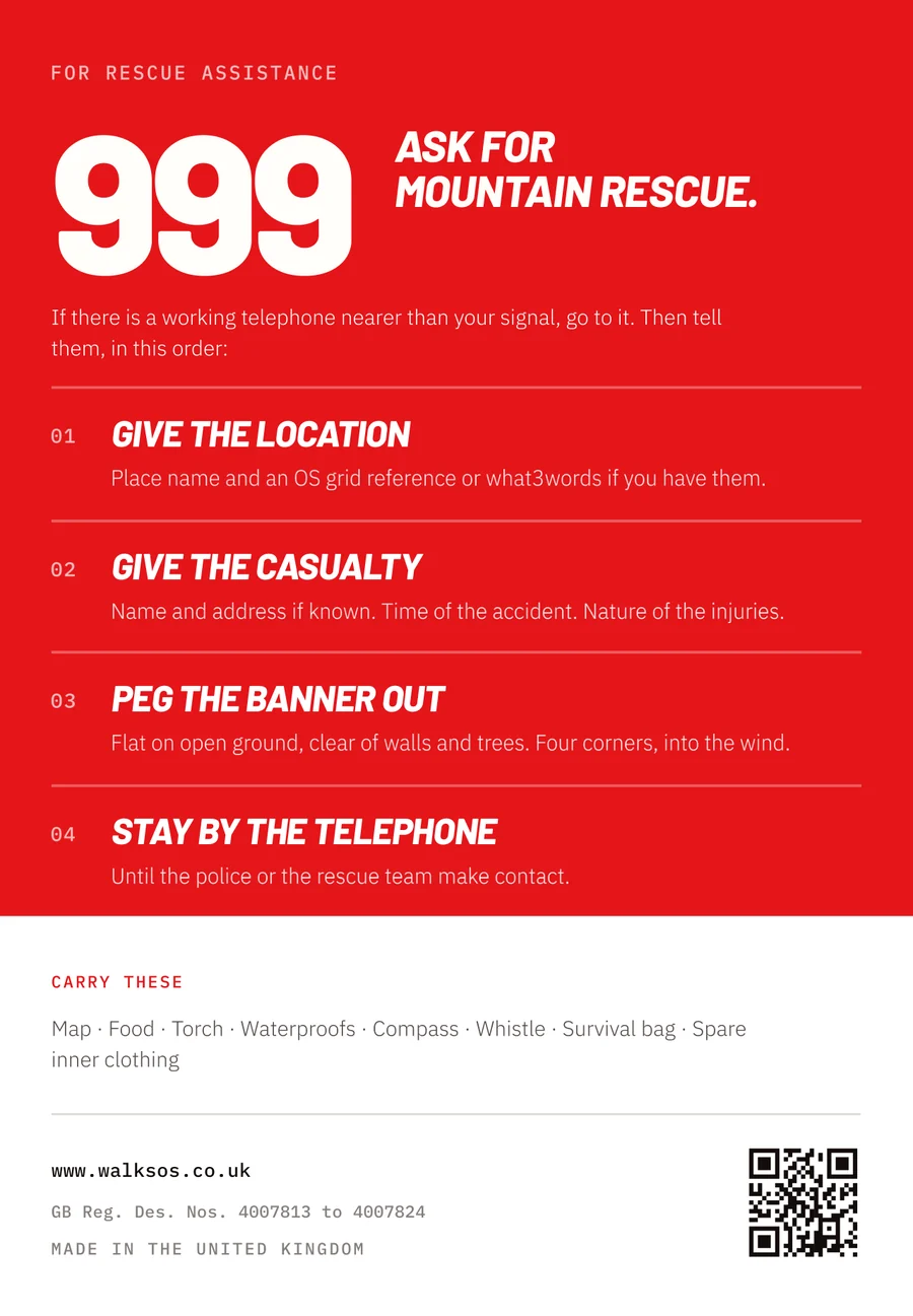 The back of the card in the bag: 999, ask for Mountain Rescue, then four numbered
steps — give the location, give the casualty, peg the banner out, stay by the
telephone — a list of kit to carry, and the registered design numbers.