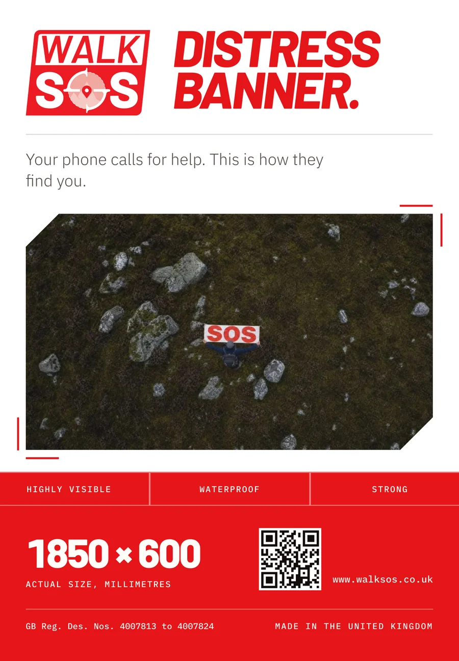 The front of the card in the bag: the WalkSOS mark, the words Distress Banner, a
photograph of the banner pegged out on open ground, and 1850 × 600 across the foot.